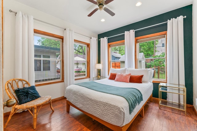 842 2nd St NW, Rochester, MN 55901 - bedroom with baseboards, hardwood / wood-style flooring, recessed lighting, and a ceiling fan