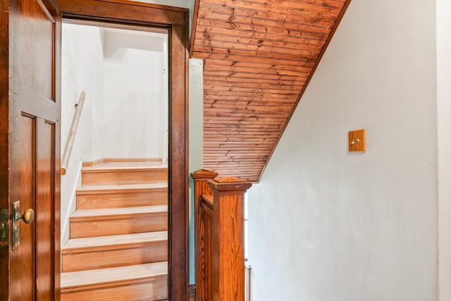 842 2nd St NW, Rochester, MN 55901 - staircase featuring wood ceiling and vaulted ceiling