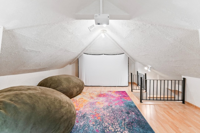 842 2nd St NW, Rochester, MN 55901 - cinema featuring a textured ceiling, wood finished floors, and lofted ceiling
