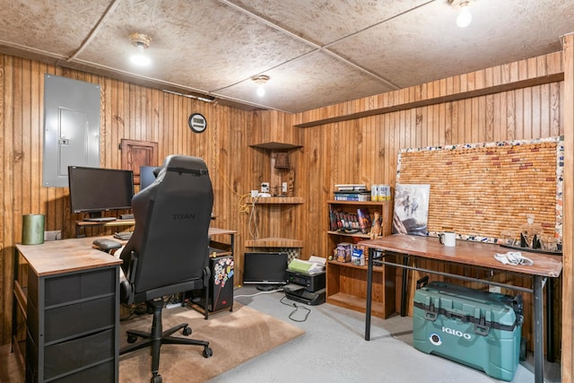 842 2nd St NW, Rochester, MN 55901 - home office with electric panel, concrete floors, and wood walls