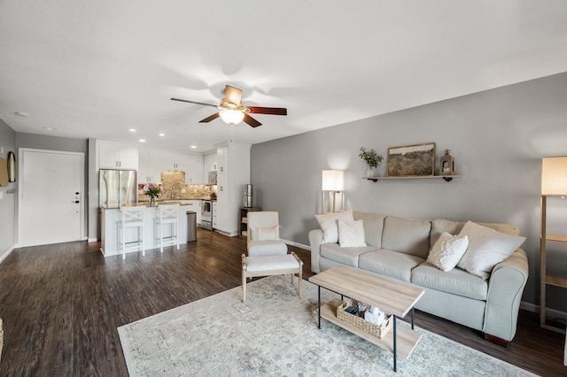 7510 Cahill Rd Unit 217B, Edina, MN 55439 - living area featuring ceiling fan, baseboards, dark wood-style floors, and recessed lighting