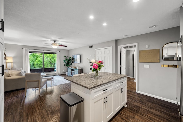7510 Cahill Rd Unit 217B, Edina, MN 55439 - kitchen with open floor plan, ceiling fan, baseboards, white cabinets, and recessed lighting