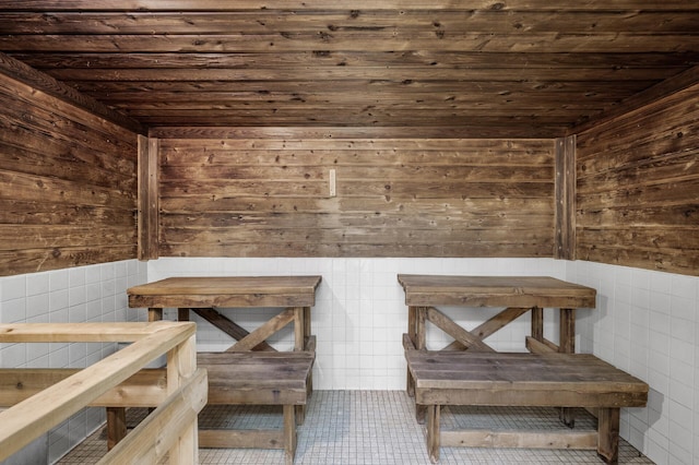 7510 Cahill Rd Unit 217B, Edina, MN 55439 - sauna / steam room with wooden ceiling, tile patterned flooring, and wooden walls