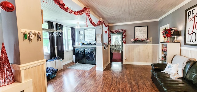 2753 Maple Ave, Slayton, MN 56172 - kitchen with washer and dryer, wainscoting, wood finished floors, crown molding, and wood ceiling