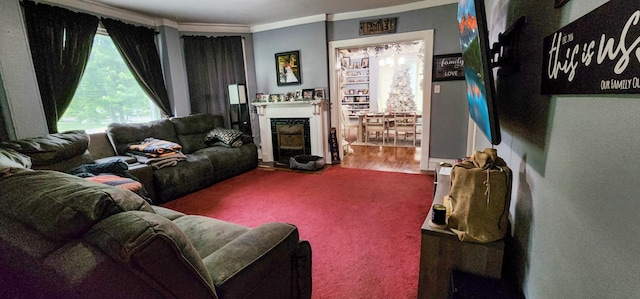 2753 Maple Ave, Slayton, MN 56172 - carpeted living area featuring a fireplace and crown molding