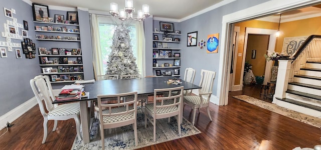 2753 Maple Ave, Slayton, MN 56172 - dining space with a chandelier, wood finished floors, crown molding, stairway, and baseboards