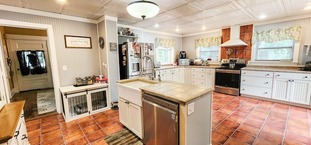 2753 Maple Ave, Slayton, MN 56172 - kitchen with appliances with stainless steel finishes, ventilation hood, an ornate ceiling, ornamental molding, and a sink