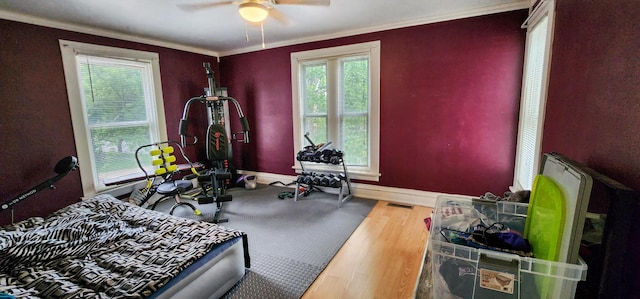 2753 Maple Ave, Slayton, MN 56172 - bedroom with wood finished floors, ornamental molding, baseboards, and a ceiling fan