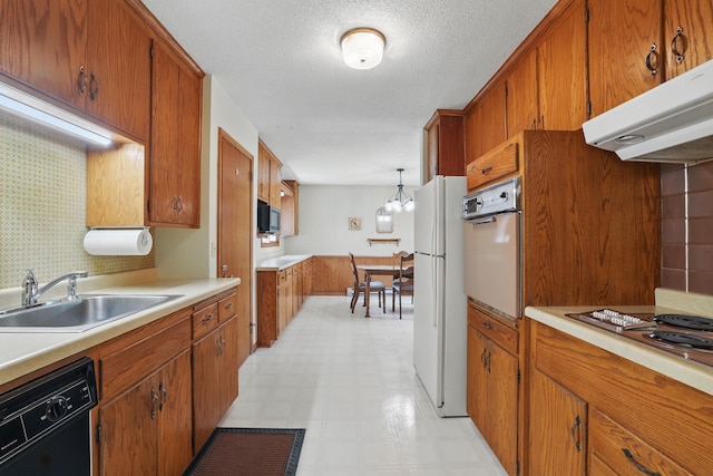 11748 Bittersweet St NW, Coon Rapids, MN 55433 - kitchen featuring freestanding refrigerator, oven, under cabinet range hood, black dishwasher, and a sink