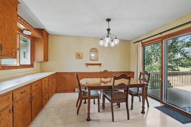 11748 Bittersweet St NW, Coon Rapids, MN 55433 - dining room featuring light floors, wainscoting, a chandelier, and a textured ceiling