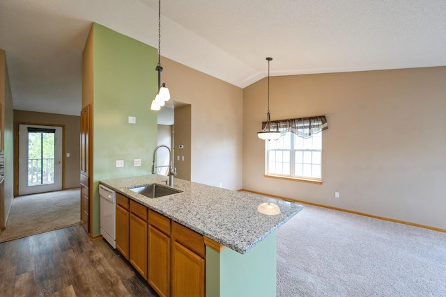 1005 Providence Dr, Shakopee, MN 55379 - kitchen with a sink, white dishwasher, lofted ceiling, a peninsula, and dark colored carpet
