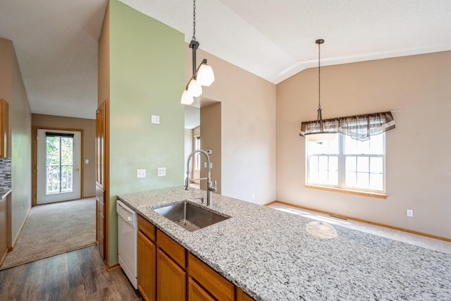1005 Providence Dr, Shakopee, MN 55379 - kitchen with dishwasher, a sink, dark wood-type flooring, light stone counters, and lofted ceiling