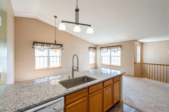 1005 Providence Dr, Shakopee, MN 55379 - kitchen featuring a sink, vaulted ceiling, white dishwasher, light stone counters, and dark wood-style floors
