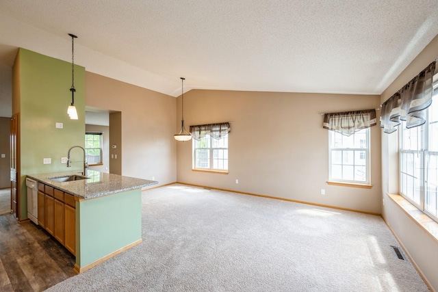 1005 Providence Dr, Shakopee, MN 55379 - kitchen with a sink, vaulted ceiling, light stone countertops, baseboards, and decorative light fixtures