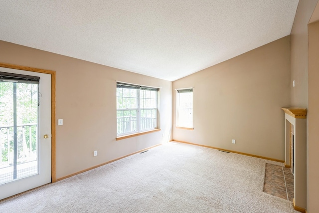 1005 Providence Dr, Shakopee, MN 55379 - unfurnished living room with carpet flooring, a textured ceiling, baseboards, and lofted ceiling