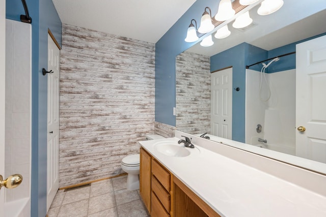 1005 Providence Dr, Shakopee, MN 55379 - full bathroom featuring wooden walls, washtub / shower combination, vanity, toilet, and a chandelier