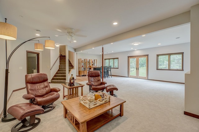 1167 56th St, Hudson, WI 54016 - living area with light carpet, stairway, recessed lighting, and a ceiling fan