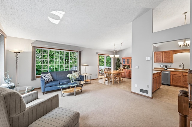 5711 Donegal Dr, Shoreview, MN 55126 - living room with a chandelier, light carpet, a textured ceiling, and lofted ceiling