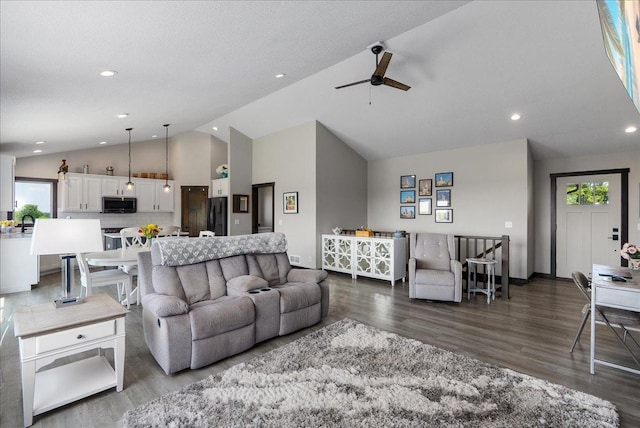 1609 75th Ave, Hammond, WI 54015 - living room with ceiling fan, high vaulted ceiling, dark wood-style flooring, and recessed lighting
