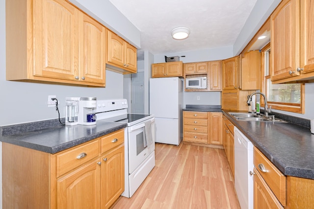 809 Crestwood Dr, Wrenshall, MN 55797 - kitchen featuring white appliances, a sink, light wood-type flooring, and dark countertops