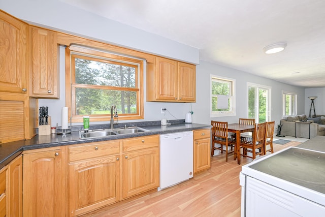 809 Crestwood Dr, Wrenshall, MN 55797 - kitchen featuring white appliances, a sink, light wood-style floors, open floor plan, and dark countertops
