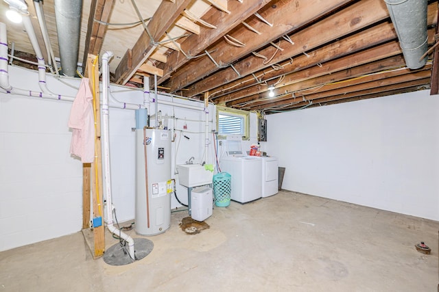 809 Crestwood Dr, Wrenshall, MN 55797 - basement featuring separate washer and dryer, water heater, a sink, concrete block wall, and electric panel