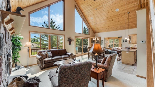 4132 Omaha Ln NW, Alexandria, MN 56308 - living area featuring high vaulted ceiling, a chandelier, wooden ceiling, light colored carpet, and light tile patterned flooring