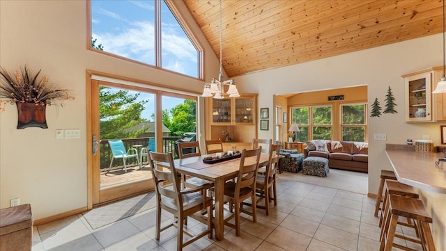 4132 Omaha Ln NW, Alexandria, MN 56308 - dining area with high vaulted ceiling, light tile patterned flooring, and wooden ceiling