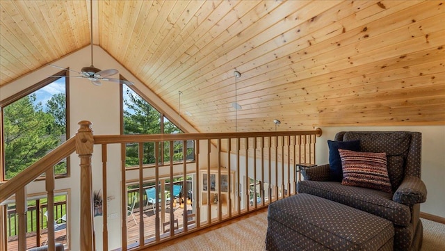 4132 Omaha Ln NW, Alexandria, MN 56308 - sitting room with carpet, wood ceiling, vaulted ceiling, and a ceiling fan
