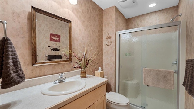 4132 Omaha Ln NW, Alexandria, MN 56308 - bathroom with double vanity, a stall shower, and wallpapered walls