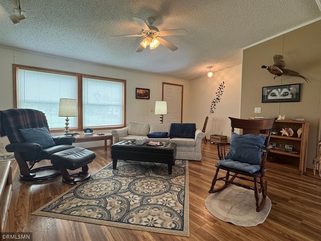 18755 Cassie Ln, Pokegama Twp, MN 55063 - living room featuring a textured ceiling, crown molding, ceiling fan, and wood finished floors