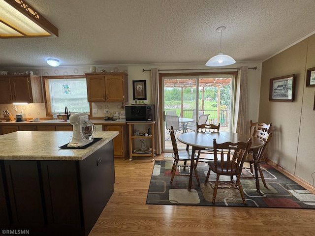 18755 Cassie Ln, Pokegama Twp, MN 55063 - kitchen with a textured ceiling, black microwave, light countertops, plenty of natural light, and light wood finished floors
