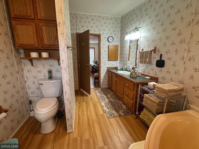 18755 Cassie Ln, Pokegama Twp, MN 55063 - bathroom with wood finished floors, vanity, crown molding, toilet, and wallpapered walls
