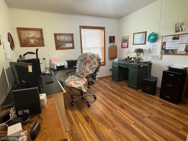 18755 Cassie Ln, Pokegama Twp, MN 55063 - home office featuring wood finished floors, a textured ceiling, and ornamental molding