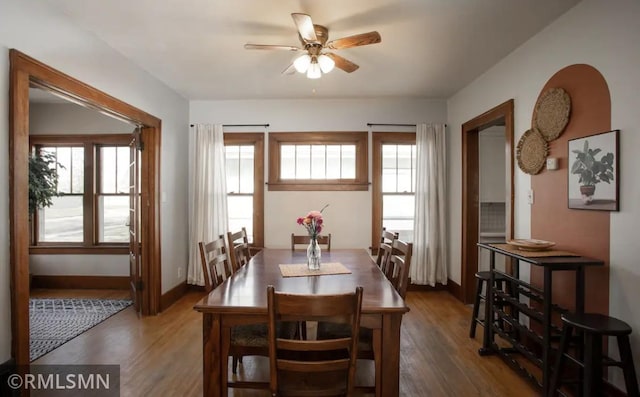 305 7th Ave E, Alexandria, MN 56308 - dining room featuring a ceiling fan, wood finished floors, healthy amount of natural light, and baseboards