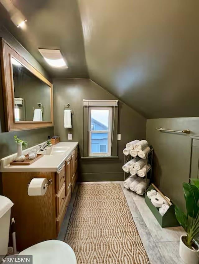 305 7th Ave E, Alexandria, MN 56308 - bathroom with toilet, vaulted ceiling, and vanity