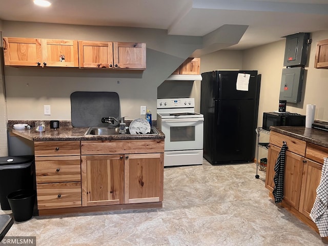 305 7th Ave E, Alexandria, MN 56308 - kitchen with freestanding refrigerator, electric range, dark countertops, electric panel, and a sink