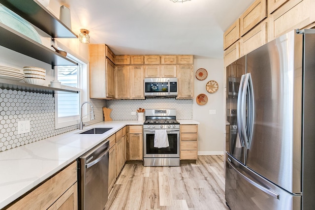 321 15th Ave N, Hopkins, MN 55343 - kitchen with stainless steel appliances, open shelves, light wood-style flooring, backsplash, and light brown cabinetry