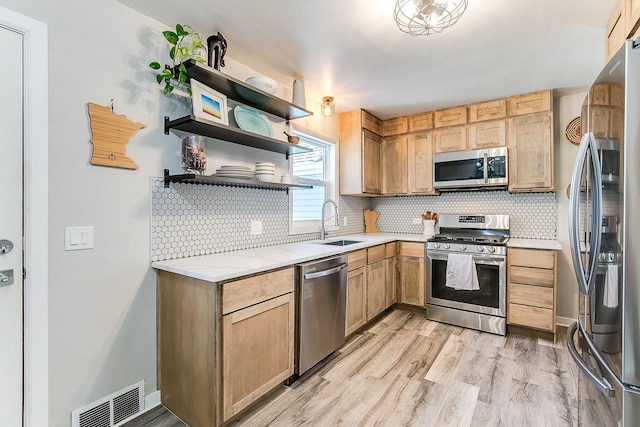 321 15th Ave N, Hopkins, MN 55343 - kitchen with appliances with stainless steel finishes, backsplash, light wood-type flooring, and open shelves
