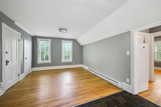 420 Lafond Ave, Saint Paul, MN 55103 - additional living space with a baseboard radiator, hardwood / wood-style floors, plenty of natural light, baseboards, and lofted ceiling