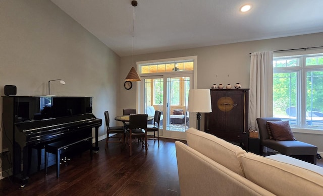 1300 Event Center Dr NE # 23, Bemidji, MN 56601 - living area with dark wood finished floors, baseboards, vaulted ceiling, and recessed lighting