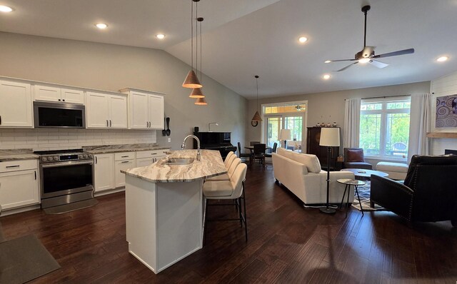 1300 Event Center Dr NE # 23, Bemidji, MN 56601 - kitchen featuring stainless steel appliances, vaulted ceiling, a sink, open floor plan, and decorative backsplash