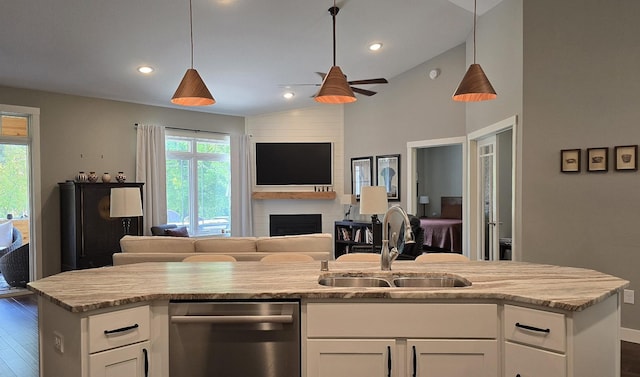 1300 Event Center Dr NE # 23, Bemidji, MN 56601 - kitchen featuring a sink, open floor plan, a ceiling fan, stainless steel dishwasher, and dark wood-style flooring