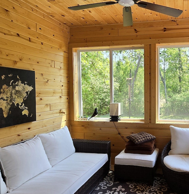 1300 Event Center Dr NE # 23, Bemidji, MN 56601 - living room with wood walls, a ceiling fan, plenty of natural light, and wood ceiling