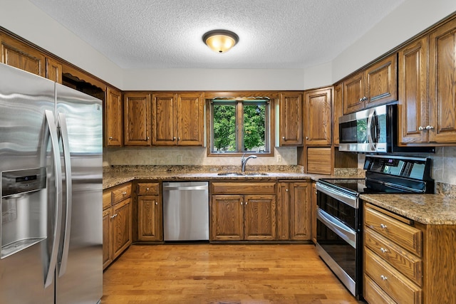 829 Cummings Ln, Saint Cloud, MN 56301 - kitchen with appliances with stainless steel finishes, a sink, a textured ceiling, brown cabinetry, and light wood-style floors