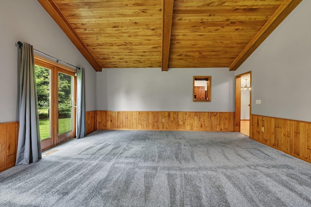 829 Cummings Ln, Saint Cloud, MN 56301 - empty room with wood ceiling, wainscoting, carpet flooring, and wood walls