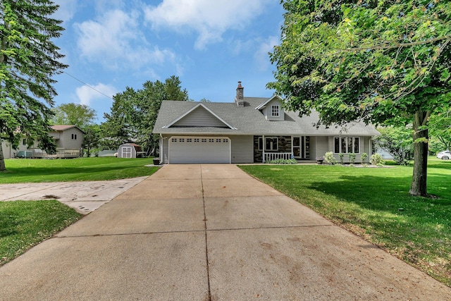 829 Cummings Ln, Saint Cloud, MN 56301 - view of front facade featuring covered porch, a garage, a front lawn, concrete driveway, and a chimney