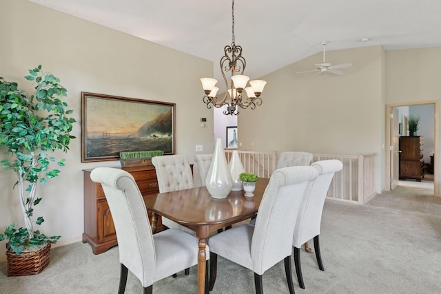 8910 Hilloway Rd, Eden Prairie, MN 55347 - dining area featuring light carpet, lofted ceiling, ceiling fan, and a chandelier