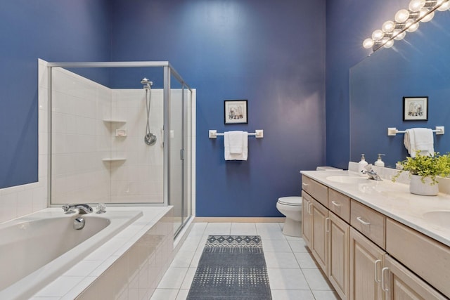 8910 Hilloway Rd, Eden Prairie, MN 55347 - bathroom with a stall shower, a garden tub, tile patterned floors, and double vanity