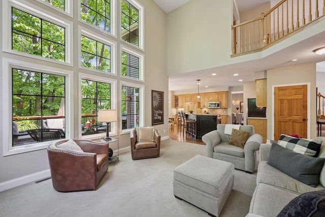 6253 Niagara Ct N, Maple Grove, MN 55311 - living area featuring baseboards, healthy amount of natural light, a high ceiling, and light colored carpet